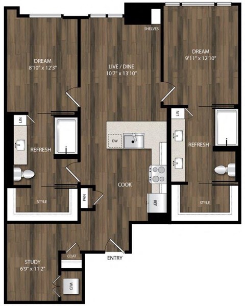 Floor plan for 2 beds, 2 baths, 1023 sqft